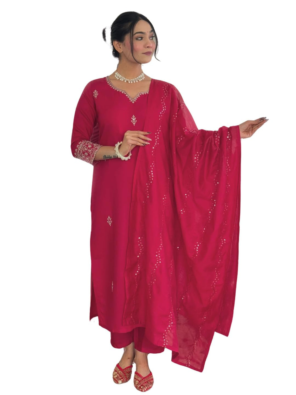 Naixa WomenS Gajri Chanderi Silk Embroidered Straight Kurta With Chanderi Silk Pant And Chanderi Silk Laced Dupatta Sets (Nk-42