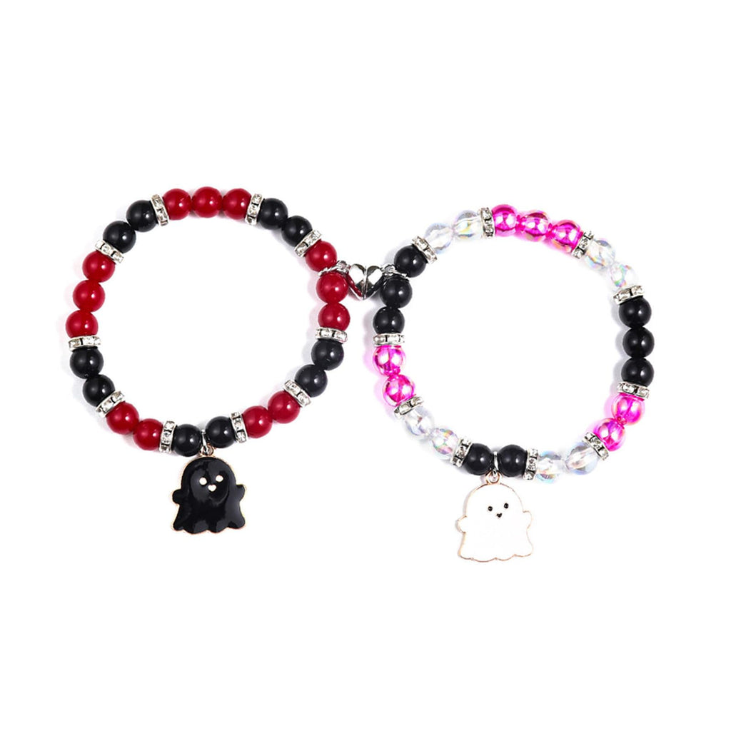 2Pcs Love Heart Couple Matching Natual Stone Beaded Ghost Bracelet Set Stretch Braide Rope Halloween Bat Devil Pumpkin Wizard Br