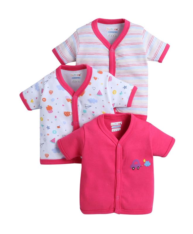 BUMZEE Baby Girls Cotton Pack of 3 Front Open Jablas Half Sleeves Pink & White - 3-6 Months (Peb10536C-pnk)