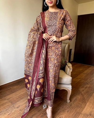 ANNI DESIGNER Womens Rayon Blend Straight Printed Kurta with Pant & Dupatta (Maslona Maroon_L_Maroon_Large)