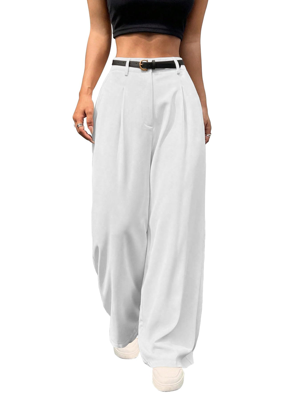 Shasmi Womens White Pleated High Waist Wide Leg Pants  Elegant Loose Fit Black Trousers with Pockets, Casual & Office Wear Strai