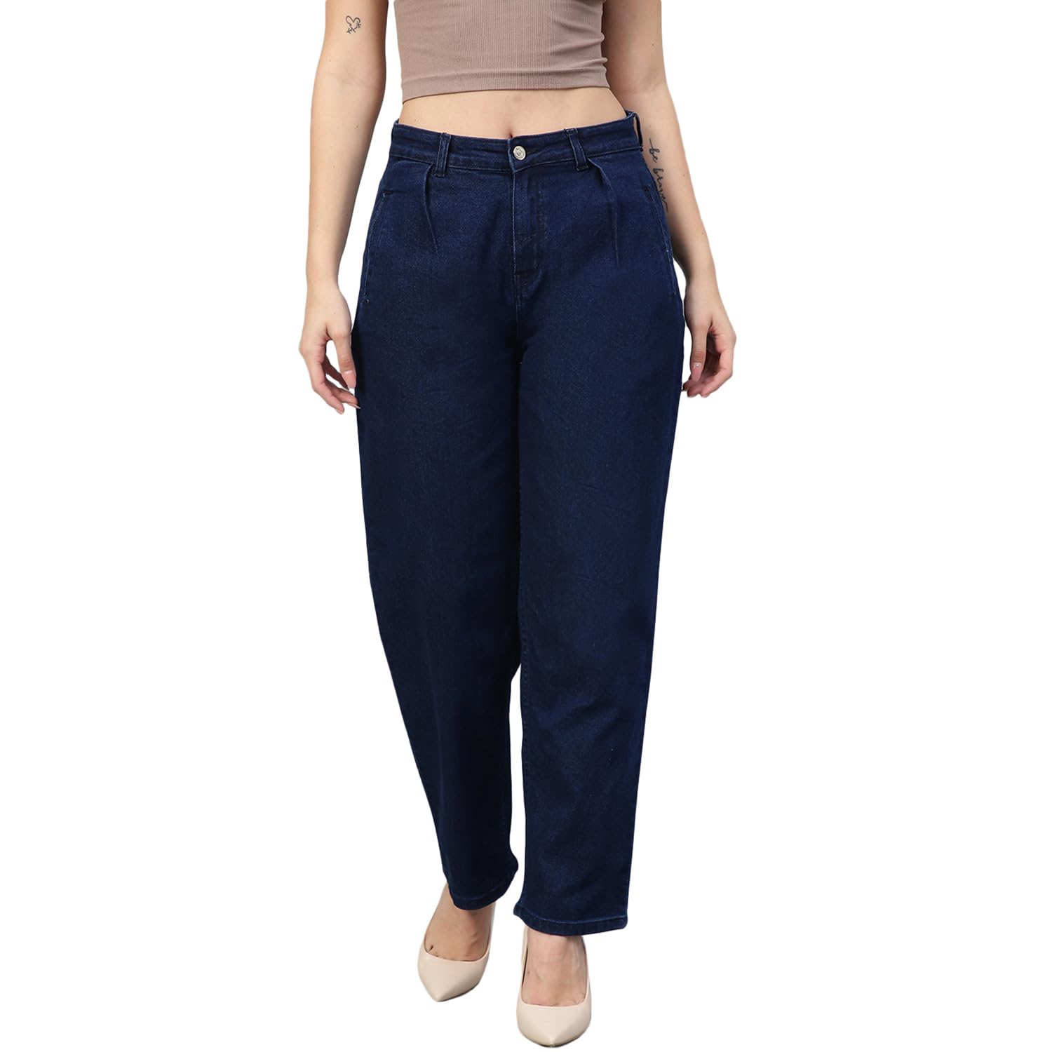 Kotty Womens Solid High Rise Cotton Lycra Blend Relaxed Fit Jeans