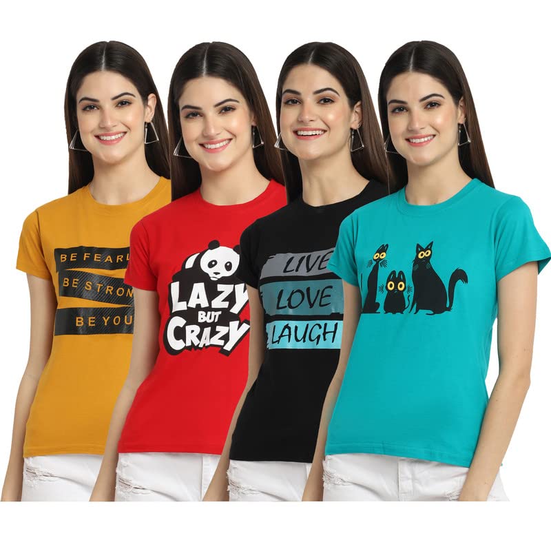 Preneum Womens Cotton Regular Fit Latest Graphic Stylish Printed Short Sleeves Casual T-Shirt || Trends & Stylish (Pack 4), Imp