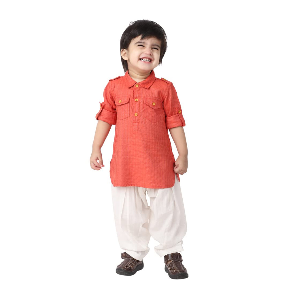 Fabindia Baby BoyS Viscose Blend Dobby Regular Kurta Set (100060402_Orange
