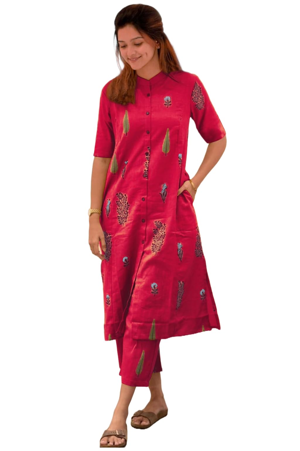 ANNI DESIGNER Womens Rayon Viscose Straight Printed Kurta with Pant (Barkat Pink_L_Pink_Large)