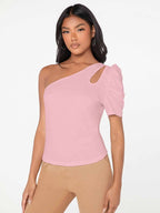 Shasmi Womens & Girls Peach Short Puff Sleeve, One Shoulder Neck, Ruched Bust Solid Tops for Women/Tops, T-Shirts for Girls (T