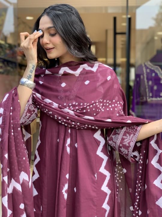 Lookmark WomenS Cotton Blend Zigzag And Dotted Print Kurta Plazzo Set With Dupatta Suitable For Every Indian Occasion (Az-Lm-Og