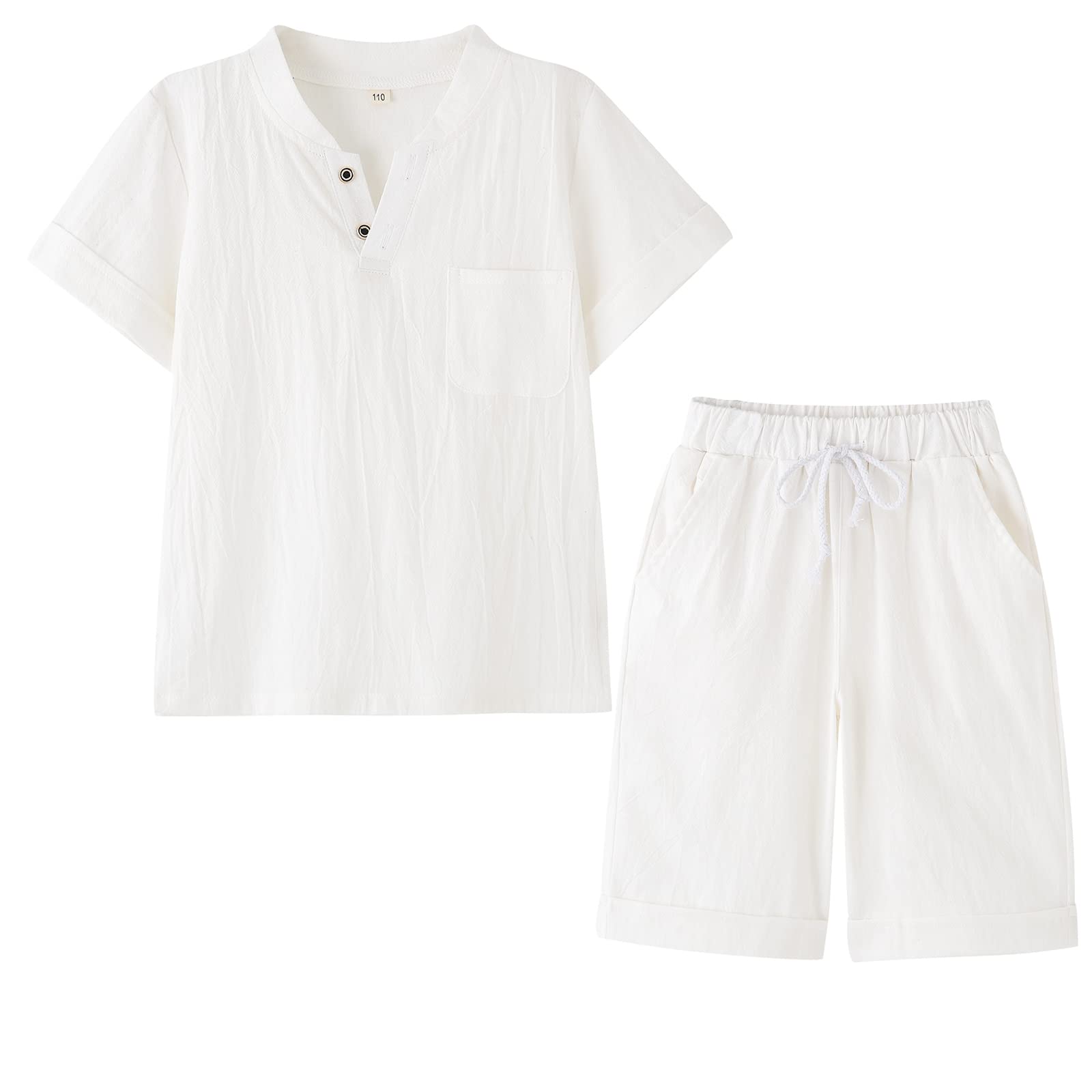 POBIDOBY Boy 's T-shirt and Shorts Set Cotton Linen Summer Short Sleeve Children Two Pieces Clothing Pants Sets (White, 8)