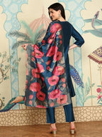 Ishin Navy Blue Notched Neck A-Line Kurta With Trousers & Dupatta | Kurta Set For Women | Kurta With Trousers And Dupatta