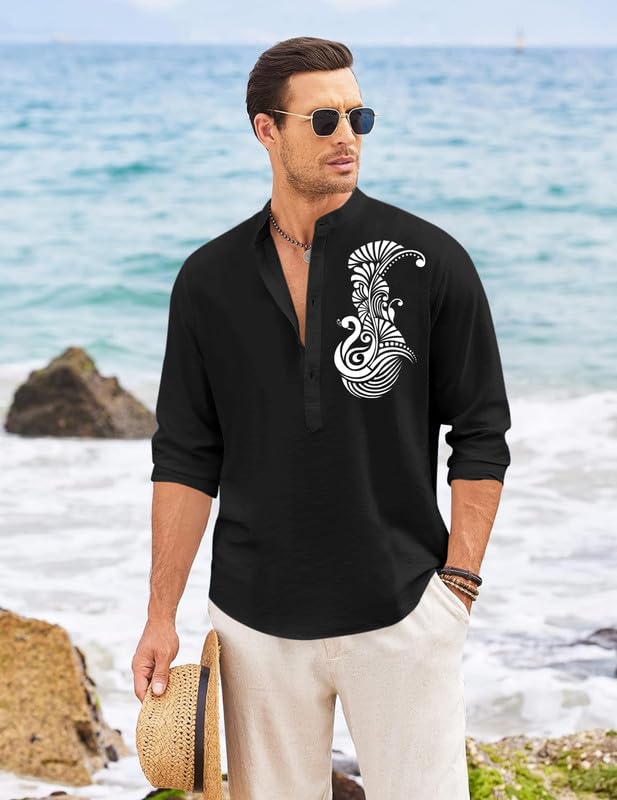 Finivo Fashion MenS Printed Cotton Blend Short Kurta With Artistic Chest Design | Stylish Full Sleeve Casual Kurta With Mandarin