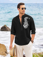 Finivo Fashion MenS Printed Cotton Blend Short Kurta With Artistic Chest Design | Stylish Full Sleeve Casual Kurta With Mandarin
