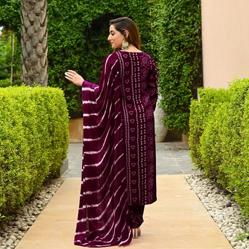 ANNI DESIGNER Womens Rayon Blend Straight Bandhej Printed Kurta with Pant & Dupatta (Baghira Wine_S_Wine_Small)