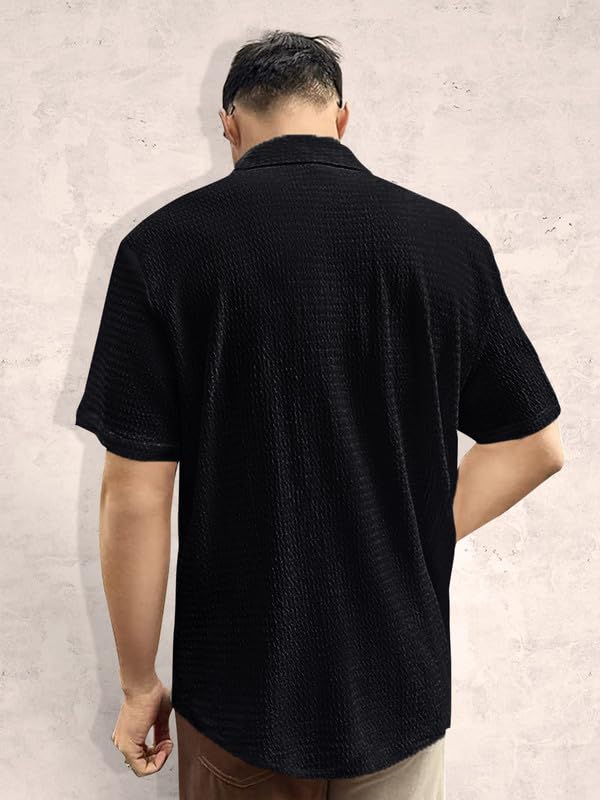 Tee Projekt Mens Popcorn Shirt Texture Pattern Mens Casual Shirt Half Sleeves Goa Beach Summer Shirt Black