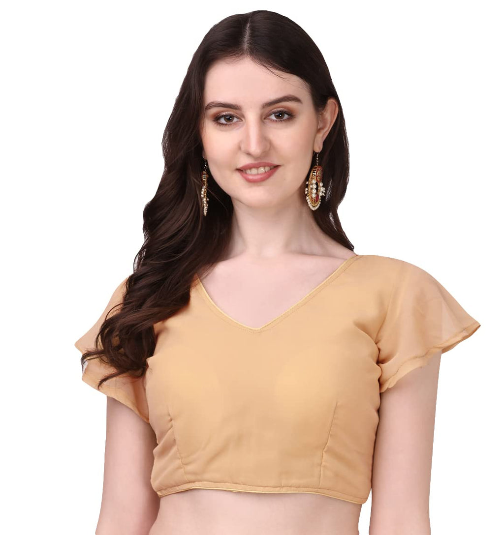 Pujia Mills Womens Georgette Bell Sleeve Readymade Saree Blouse (Chiku)