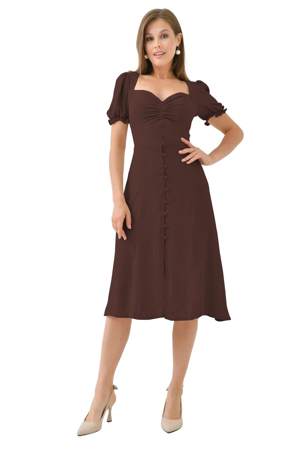 Shasmi Girls & Womens Solid Brown Midi Dress  Elegant Square Neck Button-Down Dress with Puff Short Sleeves | Stylish Casual &
