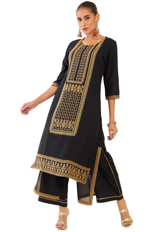 Soch Women Rayon Straight Embroidered Kurta with Layered Palazzo and Lace Insertion