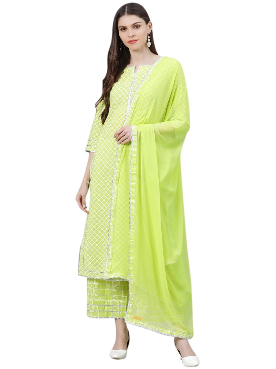 Gosriki Women'S Cotton Blend Straight Kurta With Palazzo & Dupatta (Rust-Parrot-Go_M_Light Green_Medium)