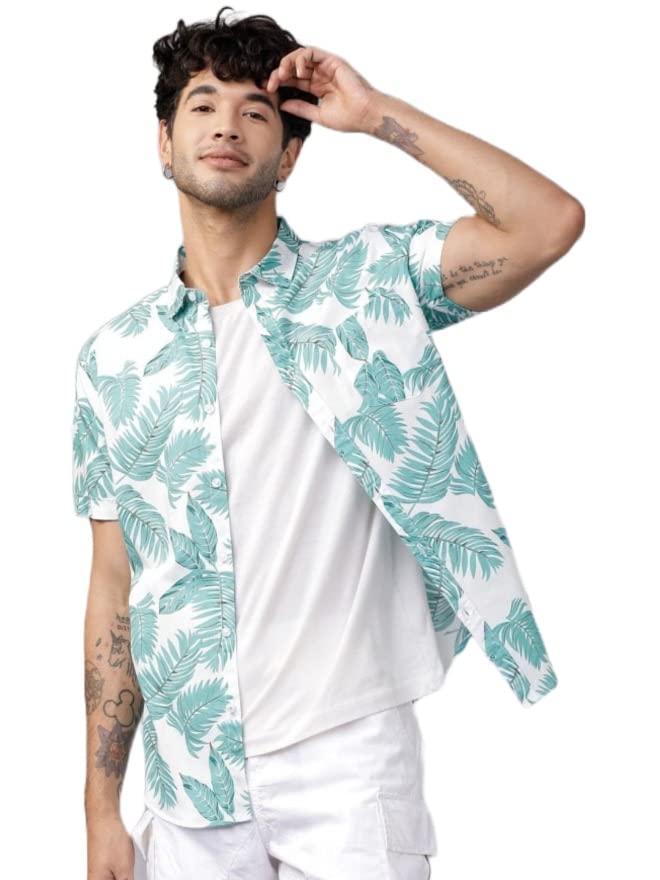 ANNI DESIGNER Mens Cotton Blend Digital Printed Stitched Half Sleeve Shirt (BWL White-NW3_XXL_White_XX-Large)