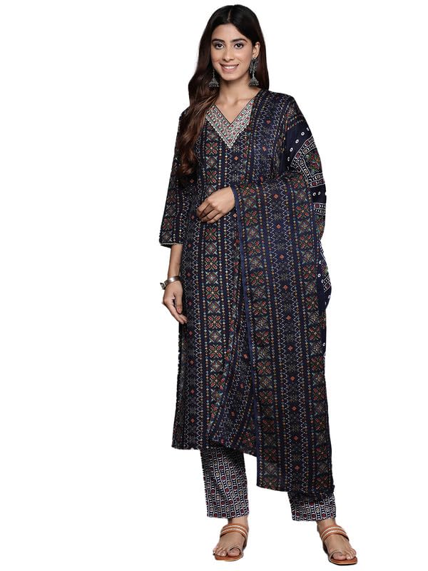 Varanga WomenS V-Neck Straight Kurta Set With Pants & Dupatta  Chic Ethnic Wear For Weddings, Festivals & Special Occasions (Sss
