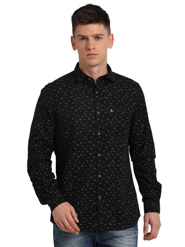 Turtle Men 100% Cotton Slim Fit Casual Printed Black Shirt
