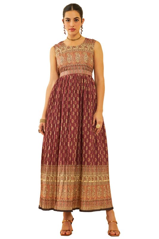 Soch Women Art Silk Paisley Printed Pleated Dress with Sequins
