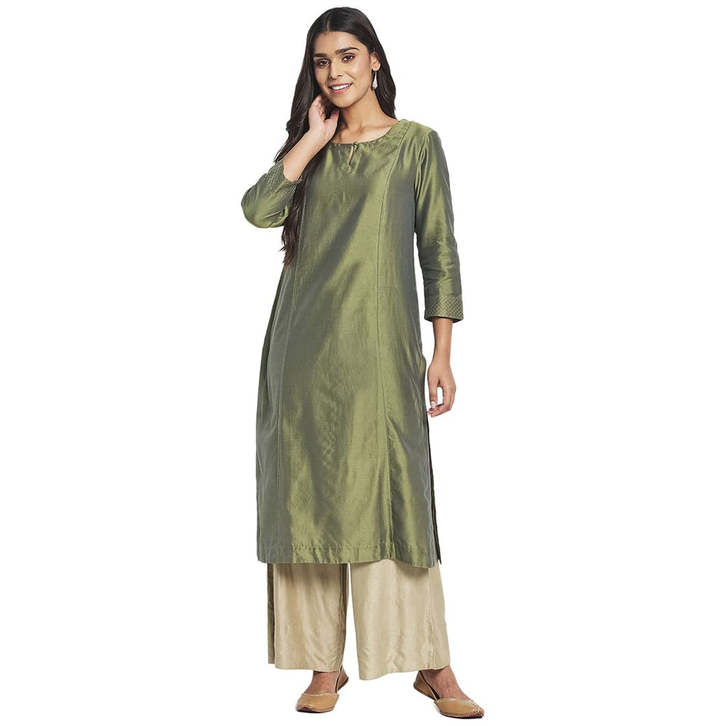 Fabindia Women Cotton Silk Embroidered Long Kurta Green_S, Regular Fit
