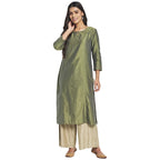 Fabindia Women Cotton Silk Embroidered Long Kurta Green_S, Regular Fit