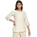 Fabindia Women Cotton Silk Blend Slim Fit Short Kurta Natural_M