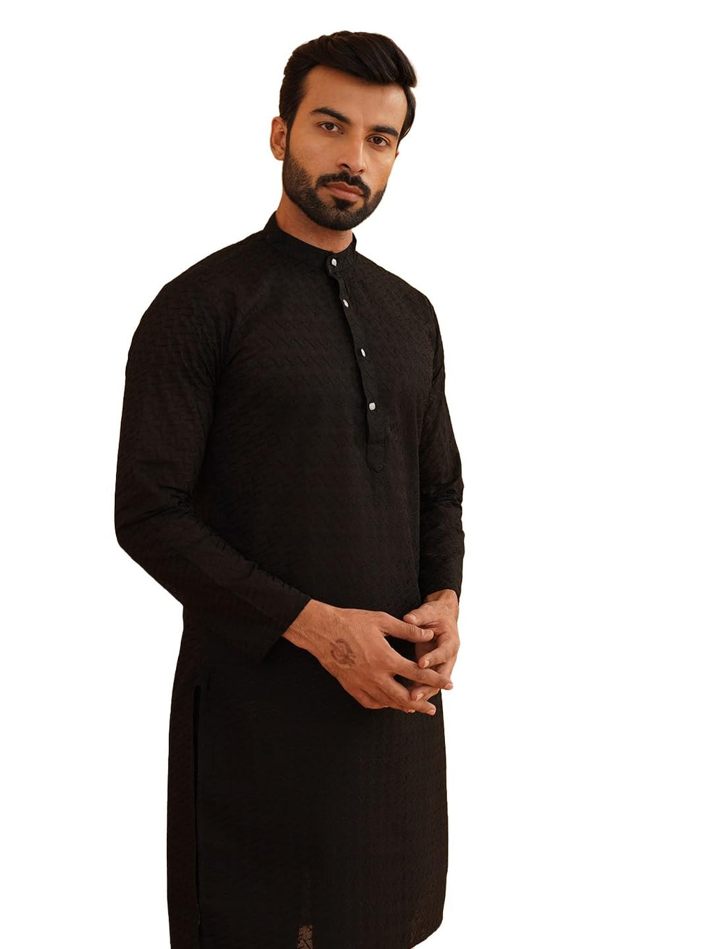 SOJANYA (Since 1958 Mens Pure Cotton Chikankari Embroidered Black Straight Long Kurta