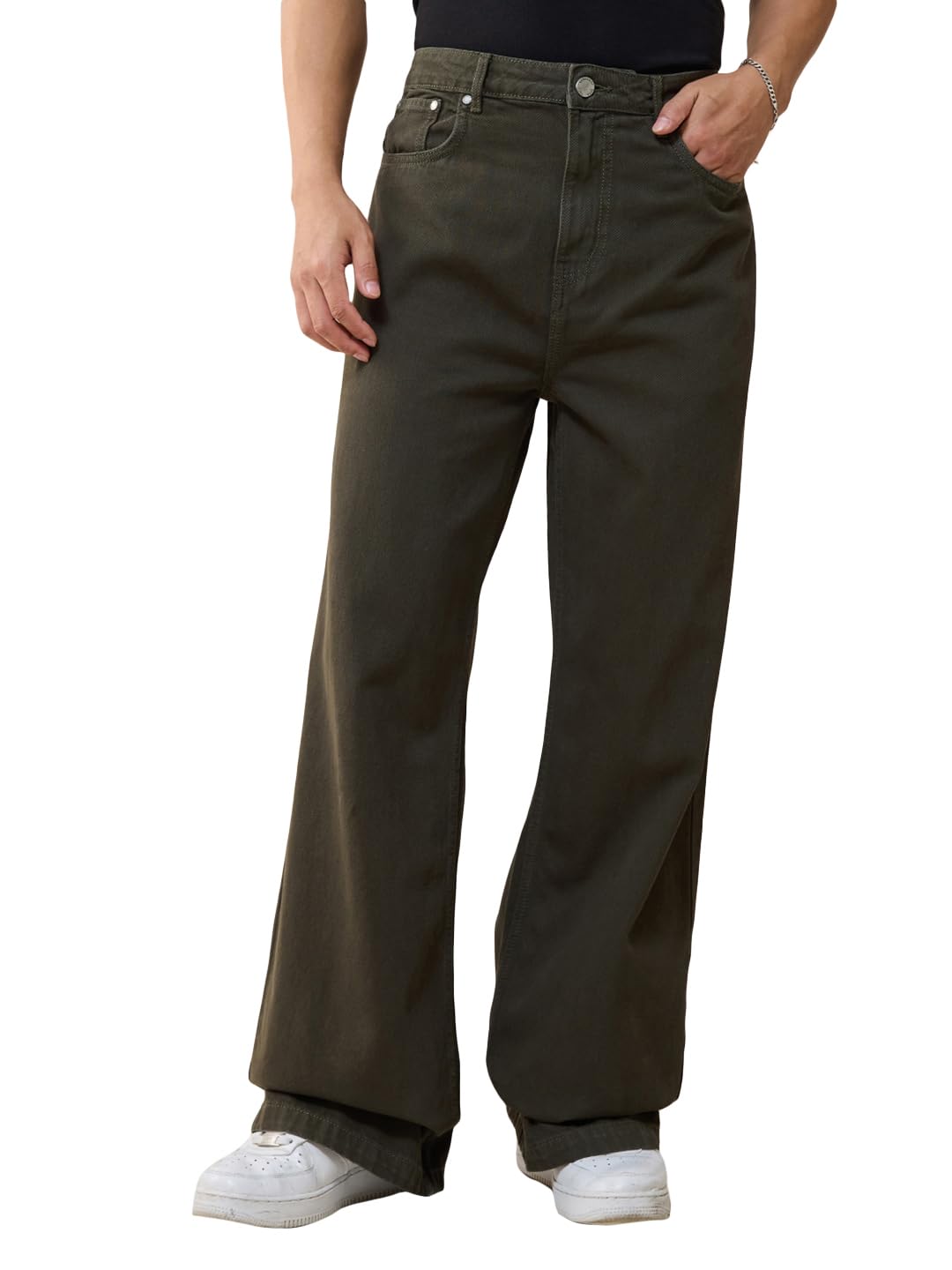 Bewakoof Mens Solid Wide Leg Pure Cotton Jeans_624690_Green_32