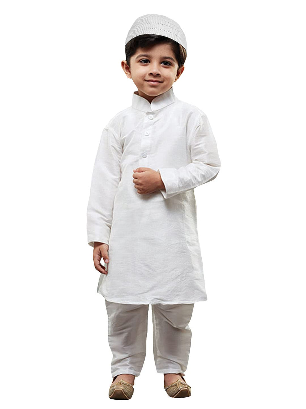 Jbn Creation Boys White Silk Blend Kurta Pyjama And Cap Set