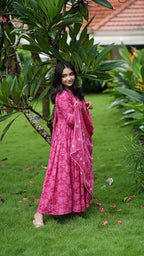 ANNI DESIGNER Womens Rayon Blend Anarkali Printed Kurta with Pant & Dupatta (TITHI Pink_XL_Pink_X-Large)