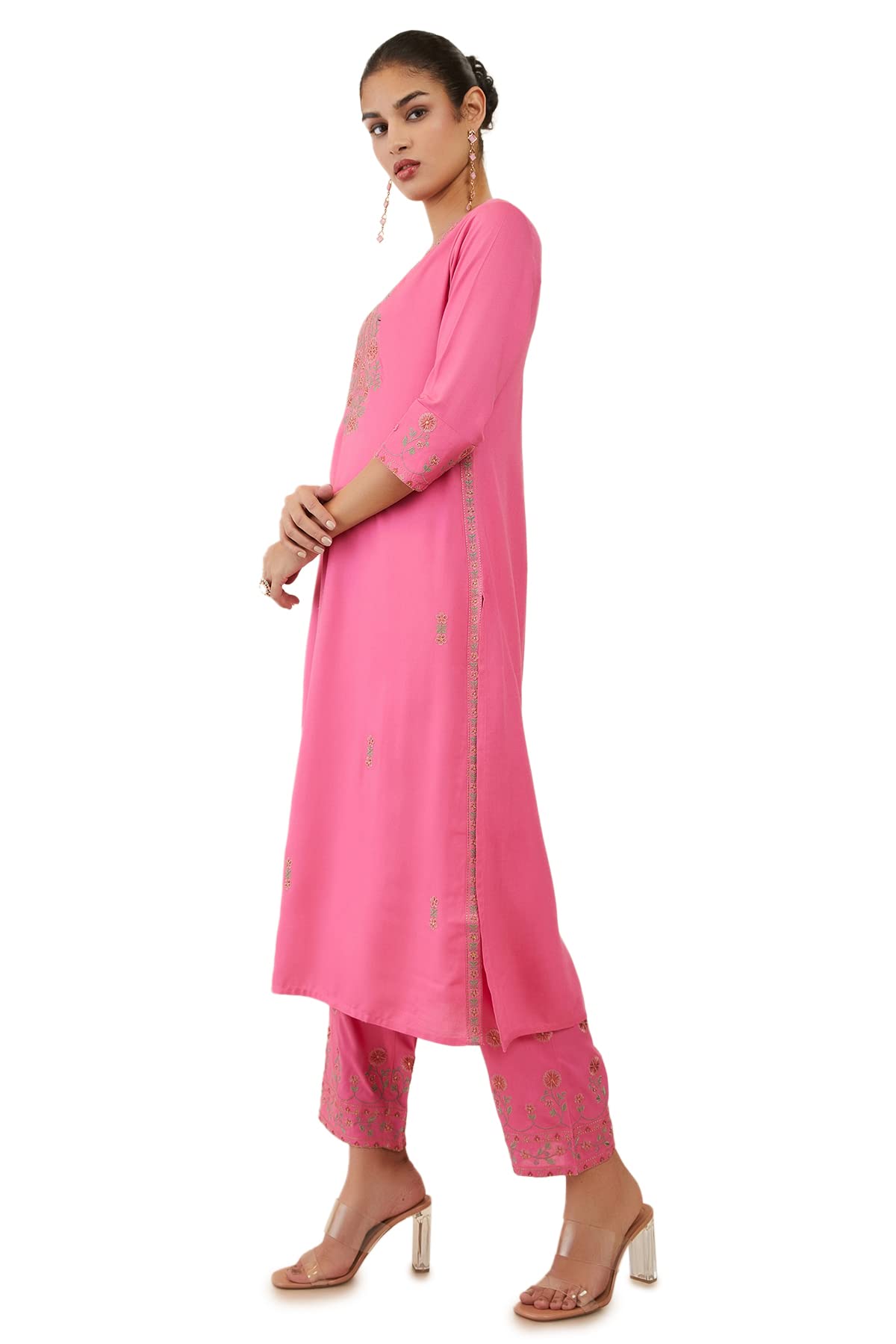 Soch Womens Blush Pink Rayon Floral Embroidered Kurta Set