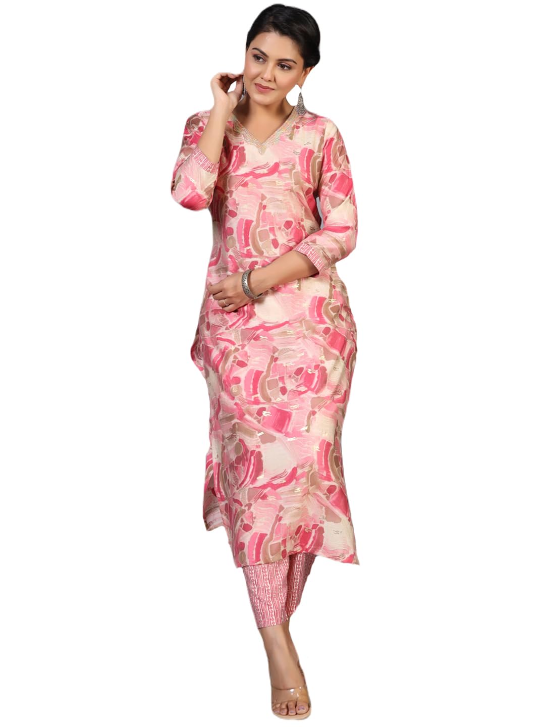 ANNI DESIGNER Womens Rayon Blend Straight Printed Kurta with Pant (Nissu Pink_S_Pink_Small)