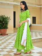 Pinkmint Womens Muslin Anarkali Angarkha Kurta & Straight Pant with Dupatta l Ethnic Three-Piece Suit Green