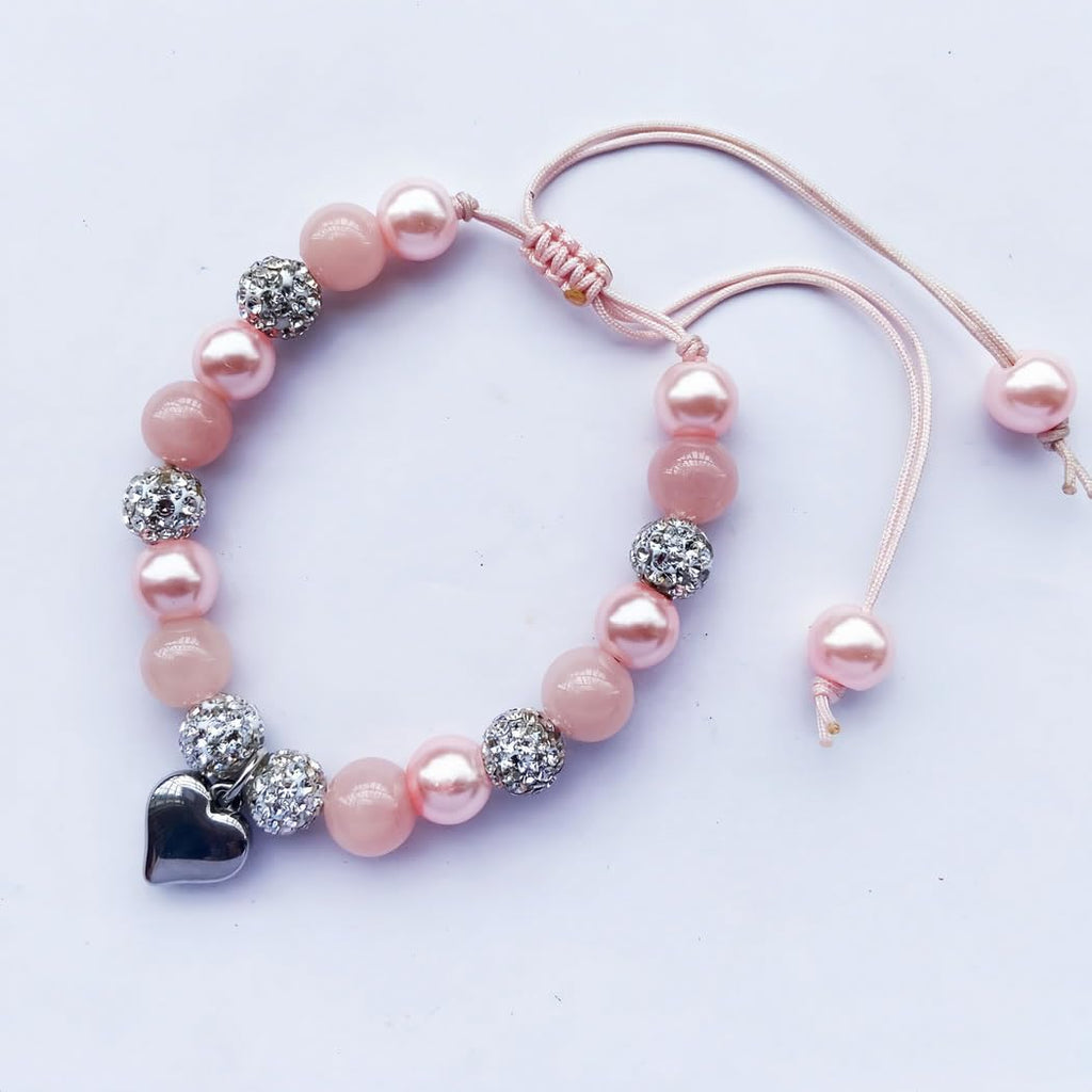 DOLON Pink Beaded Rhinestone Heart Charm Granddaugther Bracelet Adjustable Jewelry Back to School Birthday Christmas Holiday Gif