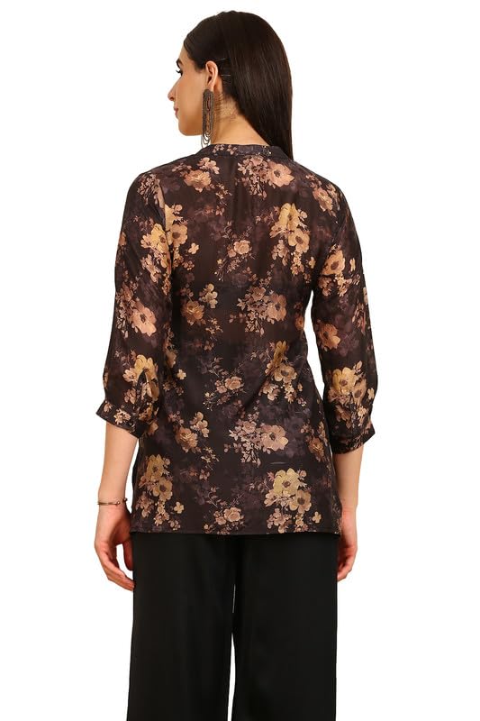Soch Womens Black Floral Print Mandarin Collar Vicose Muslin Tunic