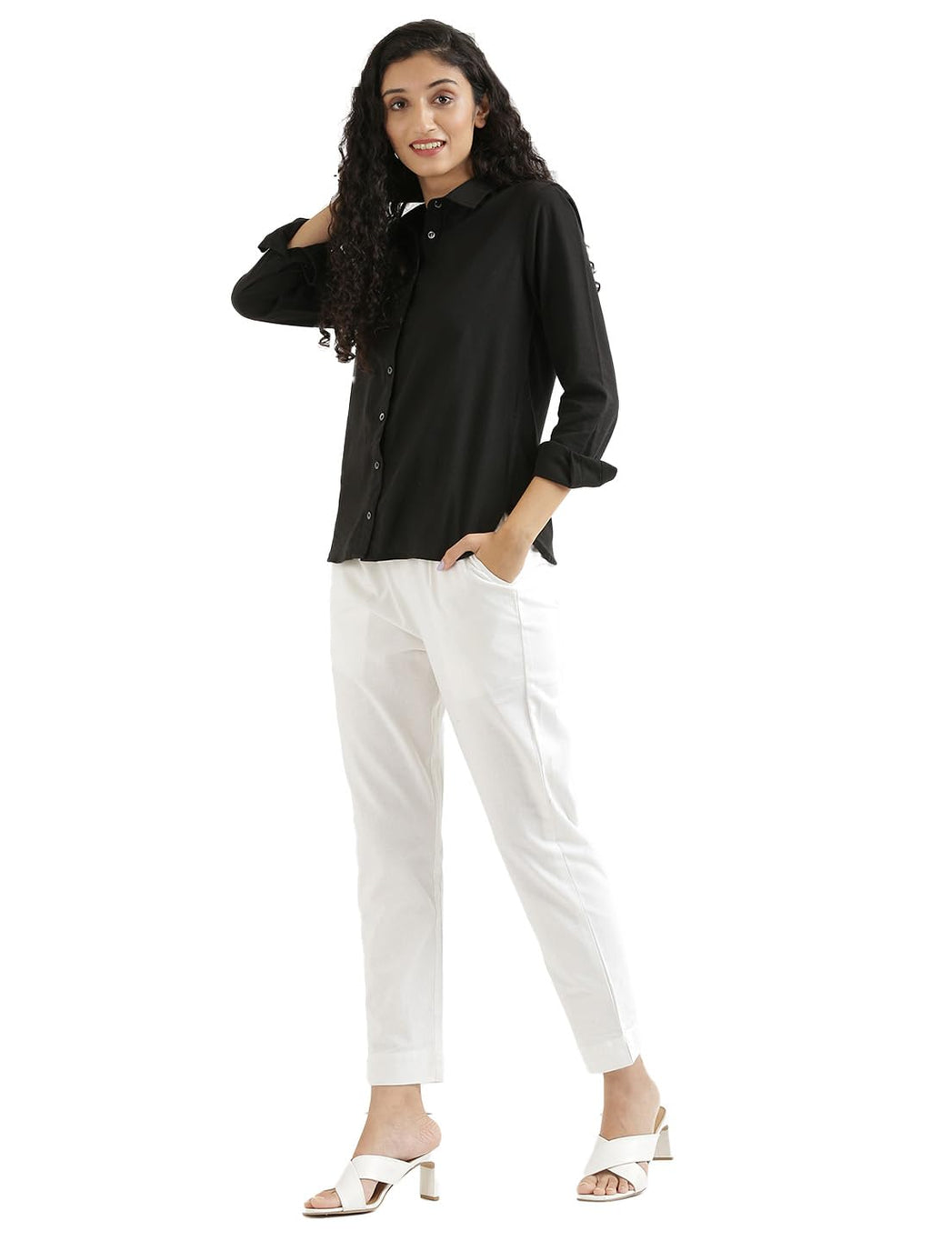 Digital Shopee Women Regular Fit Elastic Waist Full Length Cotton Formal Trouser For Casual Wear, Office Wear White