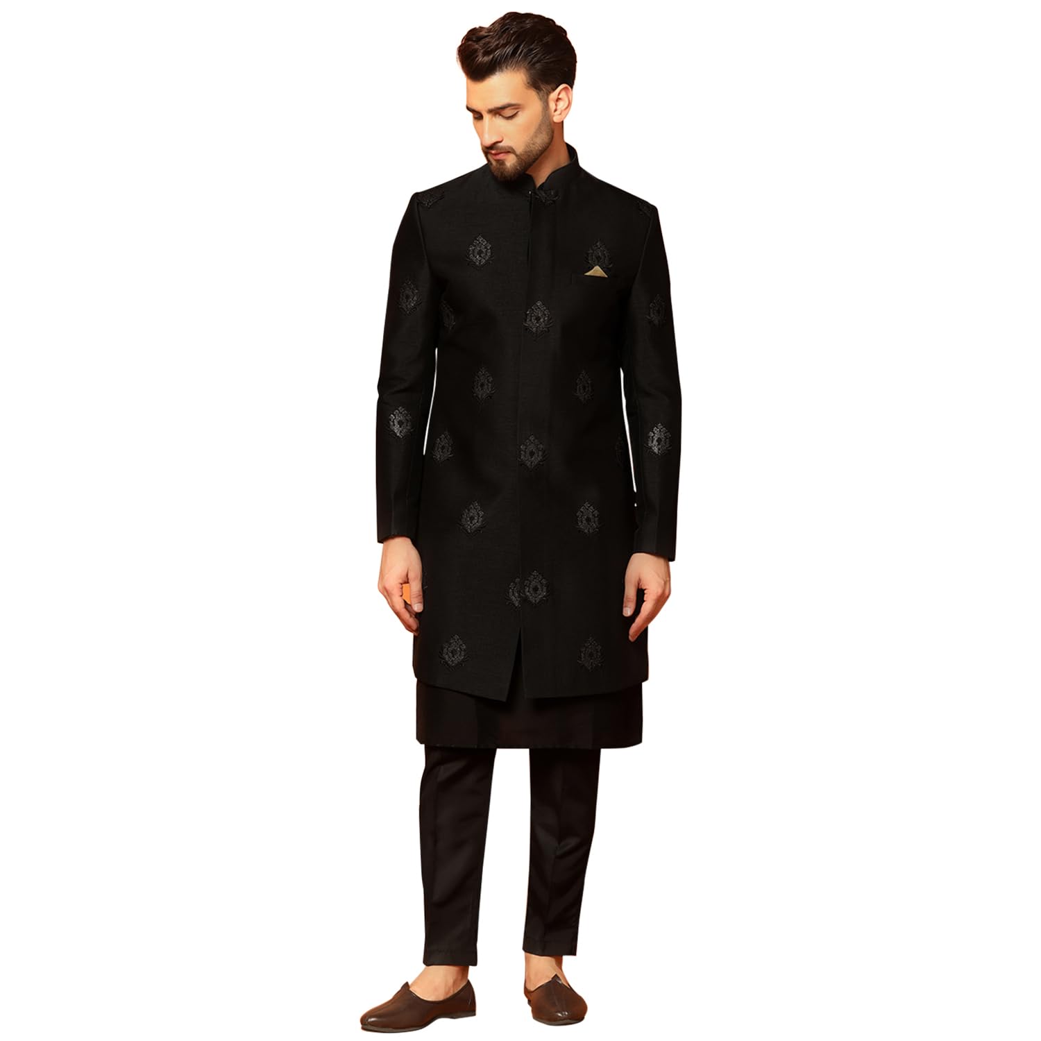 Kisah MenS Indo-Western Kurta Sherwani Trousers Set Cotton Silk Full Sleaves, Knee Length, Straight, Regular Fit, Mandarin Coll