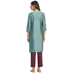 Fabindia Women Cotton Silk Embroidered Knee Length Kurta Blue