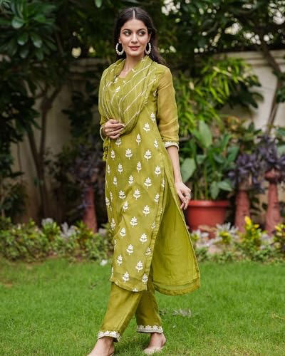 ANNI DESIGNER Womens Cotton Blend Embroidered Straight Kurta with Pant & Dupatta (CHAKDOL-MAHENDI_M_Green_Medium)