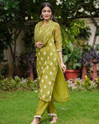 ANNI DESIGNER Womens Cotton Blend Embroidered Straight Kurta with Pant & Dupatta (CHAKDOL-MAHENDI_M_Green_Medium)
