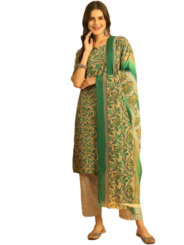 Pinkmint Salwar Suit Set For Women Cotton Leaf Printed Long Knee Length Straight Kurta Set (Pack Of 1) Green