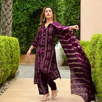 ANNI DESIGNER Womens Rayon Blend Straight Bandhej Printed Kurta with Pant & Dupatta (Baghira Wine_S_Wine_Small)
