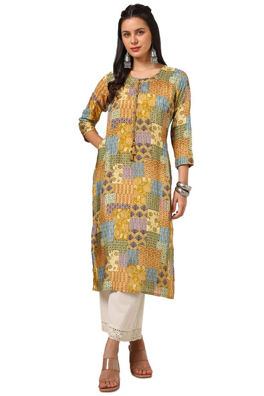 Soch Womens Mustard Viscose Muslin Ethnic Motifs Kurta With Tassels