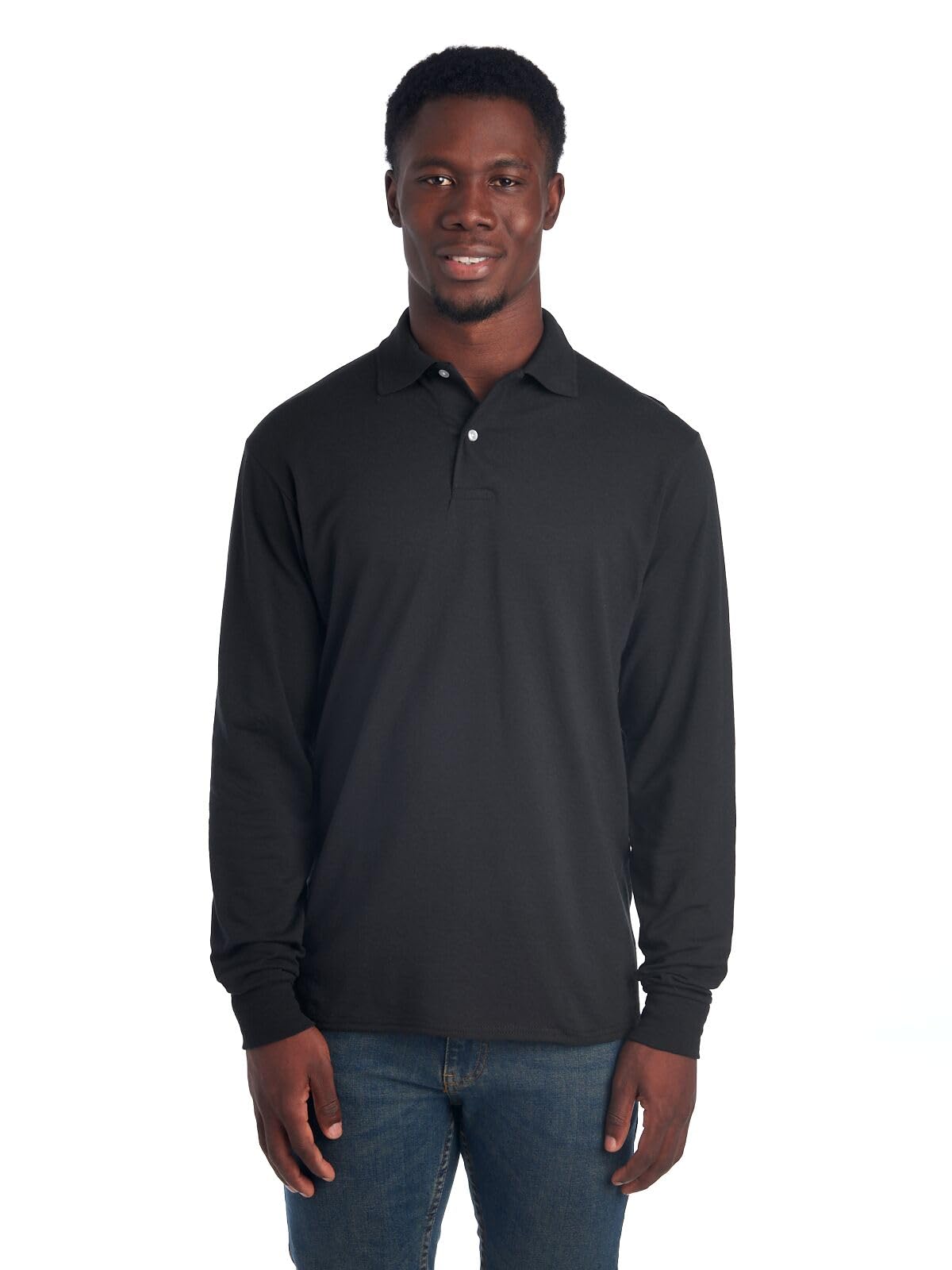Jerzees Men's SpotShield Stain Resistant Polo Shirts (Short & Long, Long Sleeve-Black, Medium