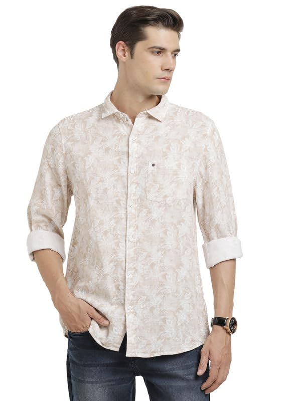 Turtle Men 100% Cotton Slim Fit Beige Printed Casual Shirt