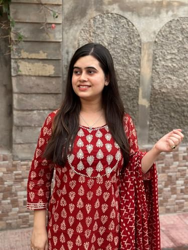 ANNI DESIGNER Women s Rayon Blend Kurta with Pants and Dupatta, Red, S