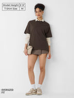 The Souled Store Solids: 100% Cotton Deep Brown Women & Girls Short Sleeve Round Crew Neck Oversized T-Shirts