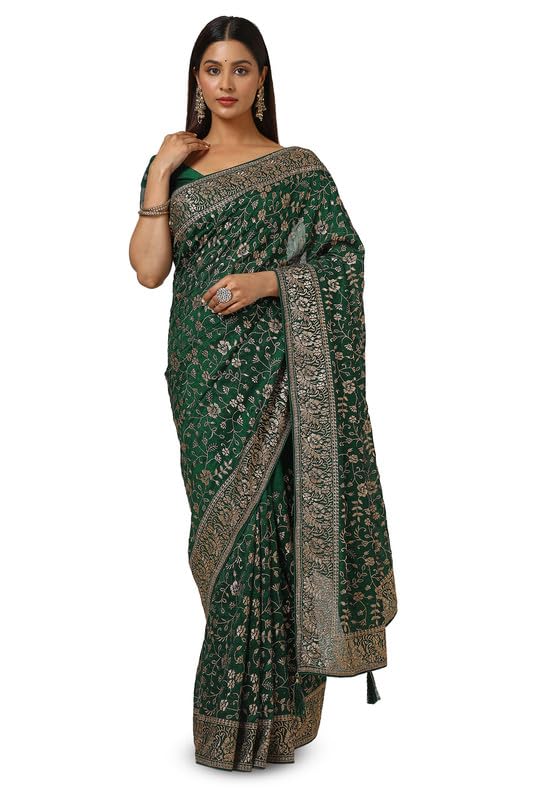 Soch Women Tussar Embroidered Saree with Tassels